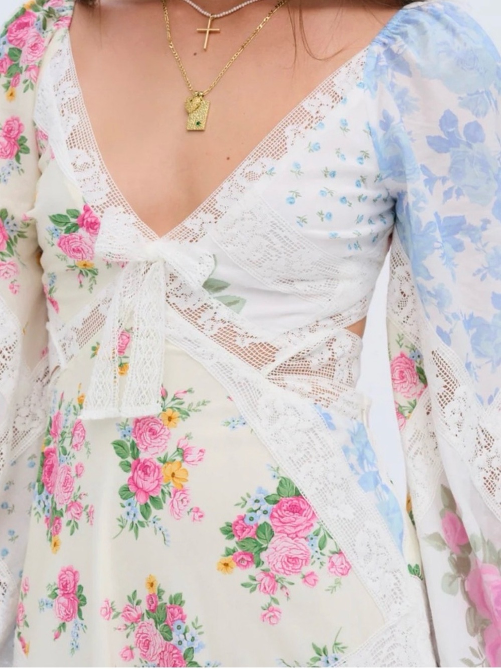 NWT - For Love & Lemons White Maxi Dress with Pastel Floral Patchwork - Picture 6 of 6